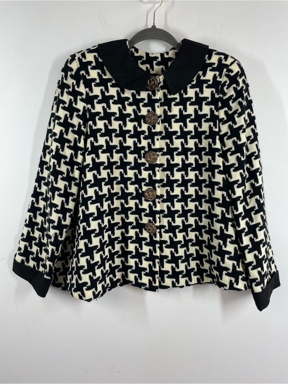 Vintage Houndstooth Black White Big Rose Buttons Quiet Luxury Blazer Jacket Chic
